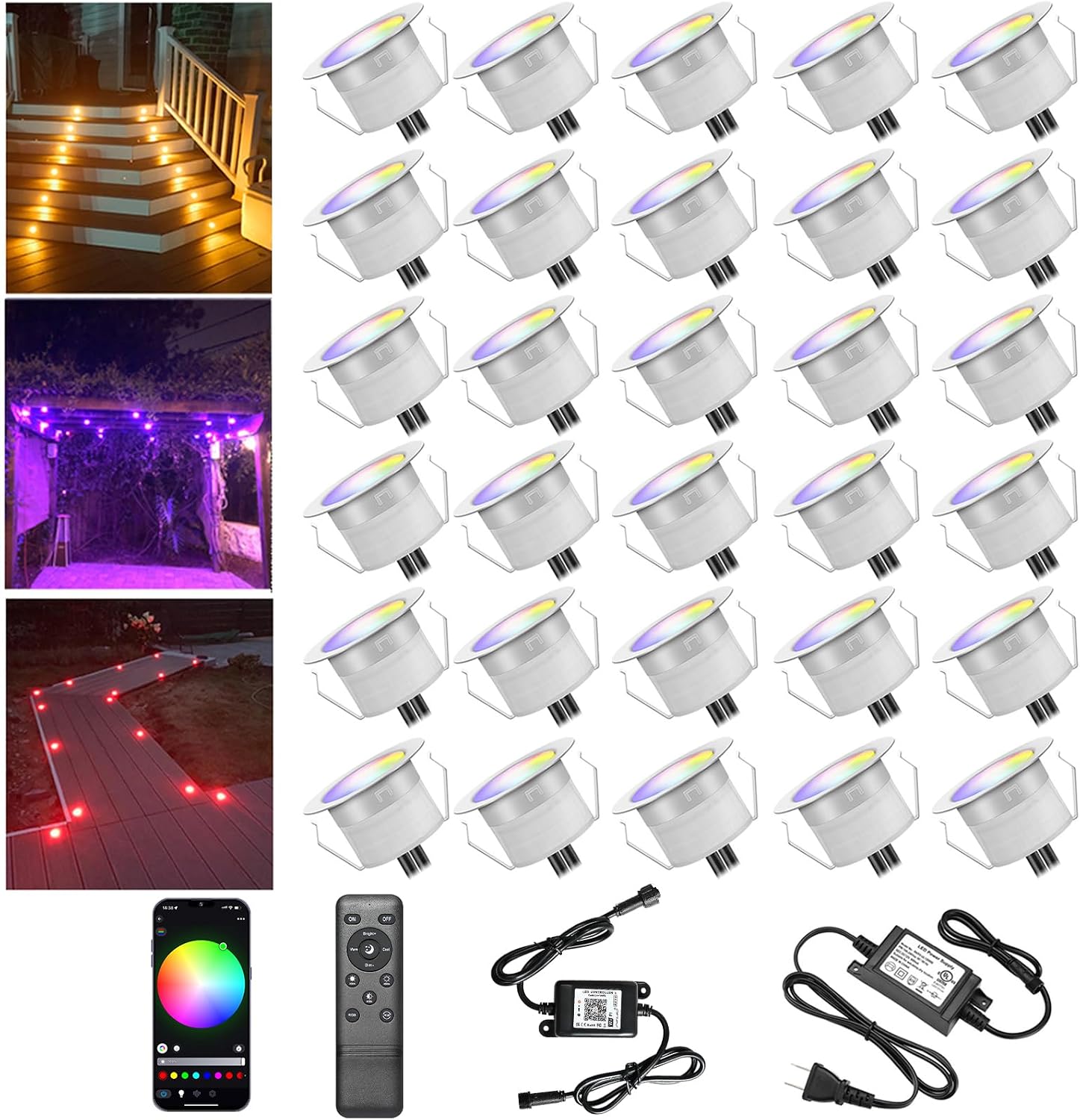Sumaote Low Voltage LED Deck Lights, 30 Pack φ1.22 Smart WiFi RGBW Recessed Step & Stair Lighting Kit, IP67 Waterproof Outdoor for Under Deck & Walkway, Compatible with Alexa & Google Assistant
