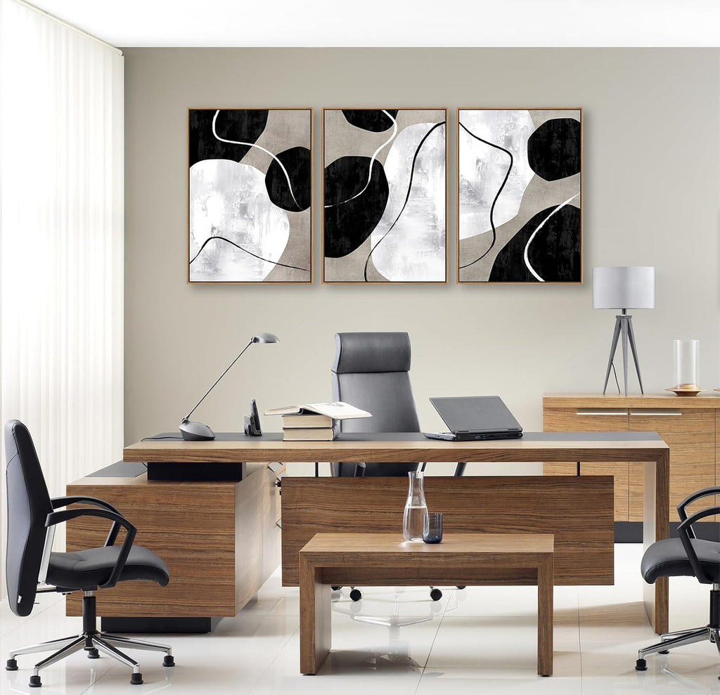 Minimalist Abstract Boho Wall Art - Natural Framed Abstract Canvas Picture Stone Painting Rock Line Artwork Modern Geometric Canvas Prints for Home Wall Decor 20' x 28' * 3 Tan Grey White Black
