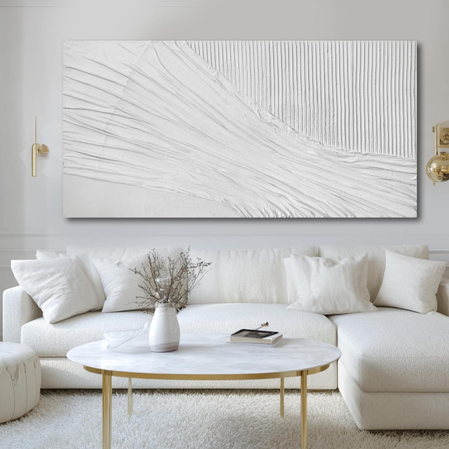 White Textured Abstract Canvas Wall Art, 29x58 Large Minimalist Wall Decor with 3D Pattern, Modern Neutral Framed Wall Art for Living Room Bedroom Entryway