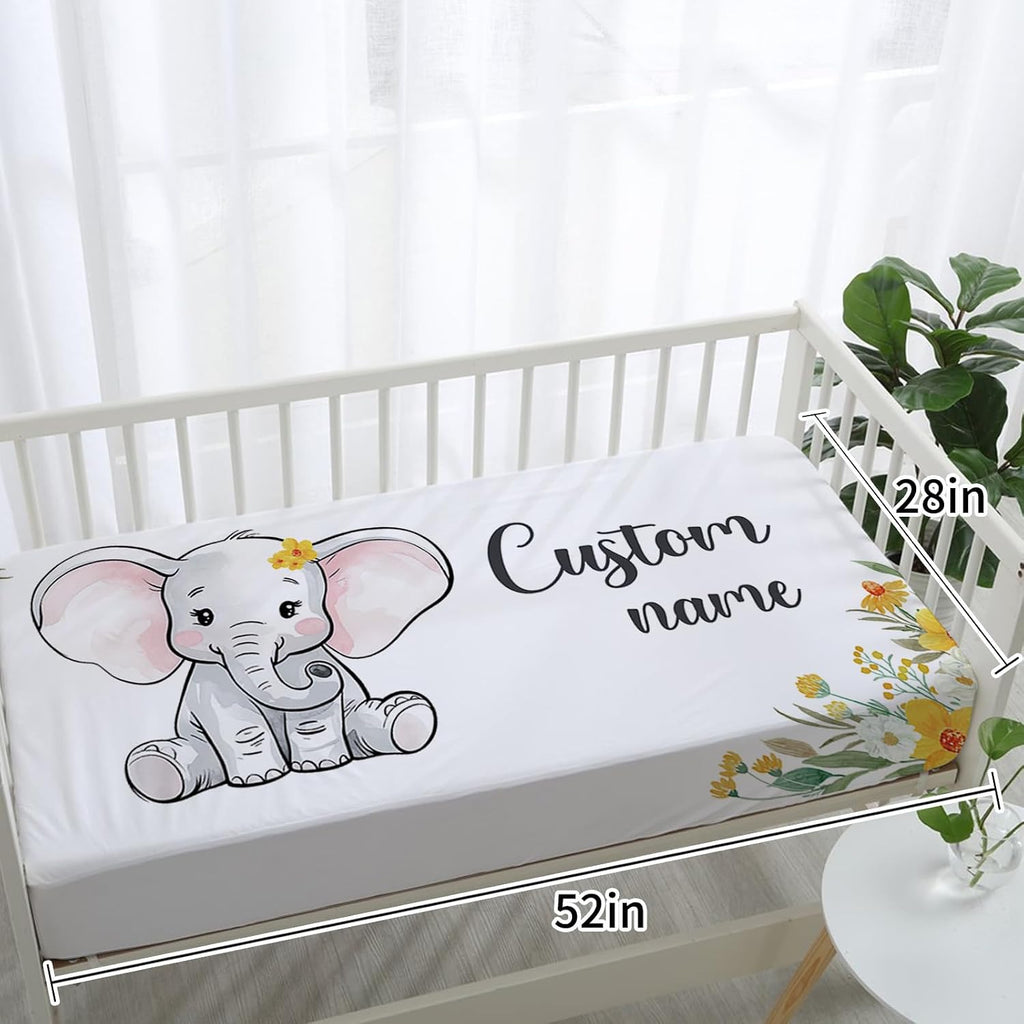 TOOTANN Custom Baby Crib Bedding Set, 5 Pcs Personalized Name Baby Crib Sheets for Kid Toddler Infant, Sunflowers and Little Elephant Nursery Bedding Set