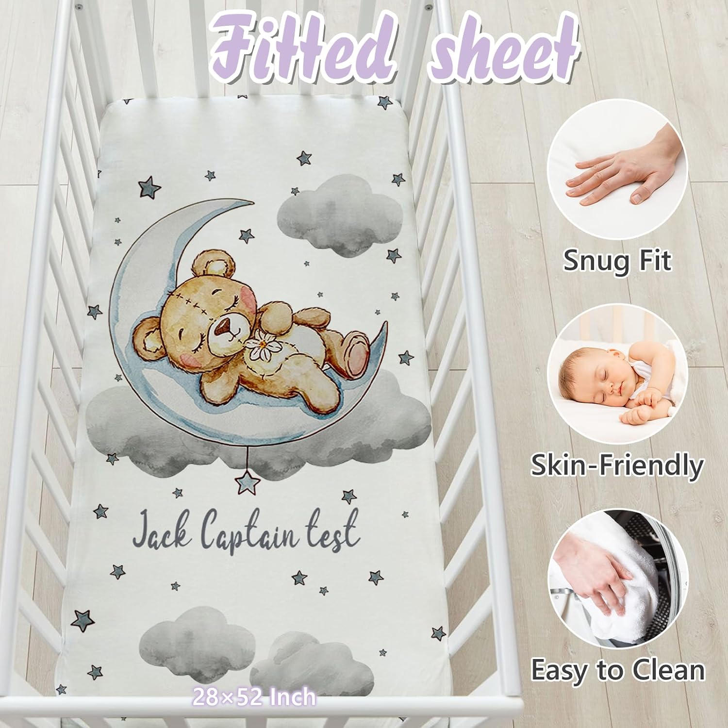 Personalized Baby Crib Bedding Set, 5 Pcs Custom Name Nursery Bedding Set for Girls Boys, Grey Moon Bear Baby Crib Set for Toddlers Infants, Double Layer Bedding Crib Sets Customized Gifts