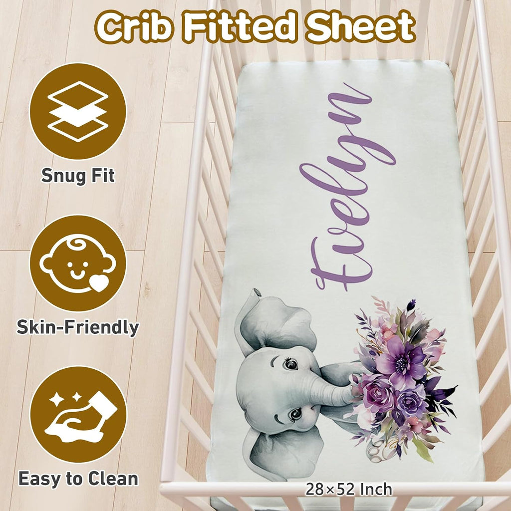 Terwex Personalized Baby Crib Set, 5 Pcs Custom Name Bedding for Girls Boys - Nursery Crib Sets, Soft Toddler Sets for Infant Customized Gifts, Purple Elephant