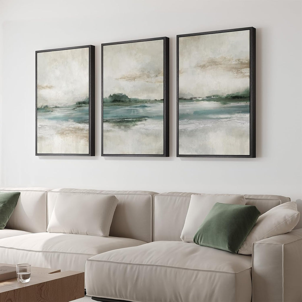 Large Framed Abstract Landscape Wall Art, 3 Piece Canvas Prints Paintings Artwork for Walls, Soft Blue and Green Nature Lake Pictures for Living Room Dining Bedroom Home Office Wall Decor 20x30 In