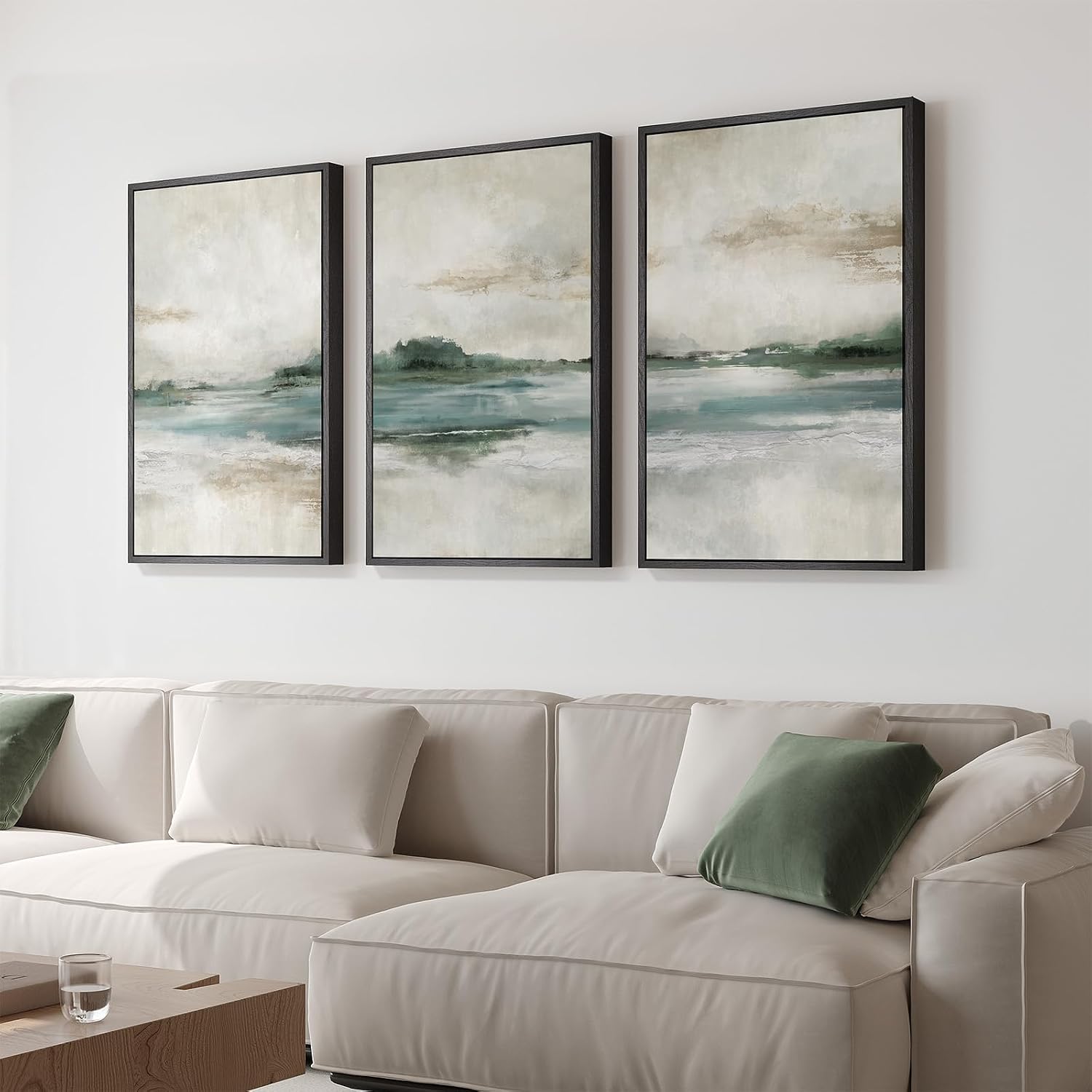 Large Framed Abstract Landscape Wall Art, 3 Piece Canvas Prints Paintings Artwork for Walls, Soft Blue and Green Nature Lake Pictures for Living Room Dining Bedroom Home Office Wall Decor 20x30 In