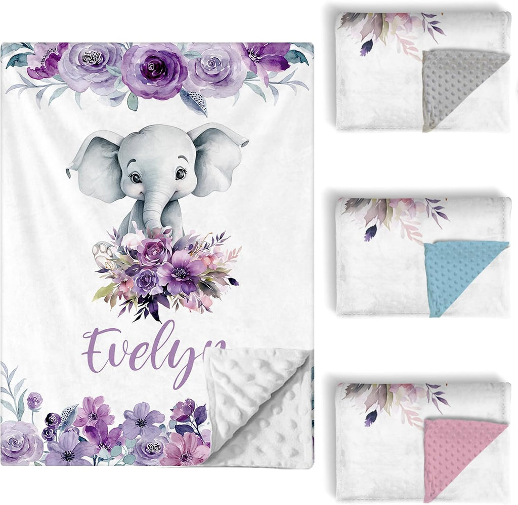 Personalized Baby Crib Bedding Set, 5 Pcs Custom Name Nursery Bedding Set for Girls Boys, Purple Elephant Baby Crib Set for Toddlers Infants, Double Layer Bedding Crib Sets Customized Gifts