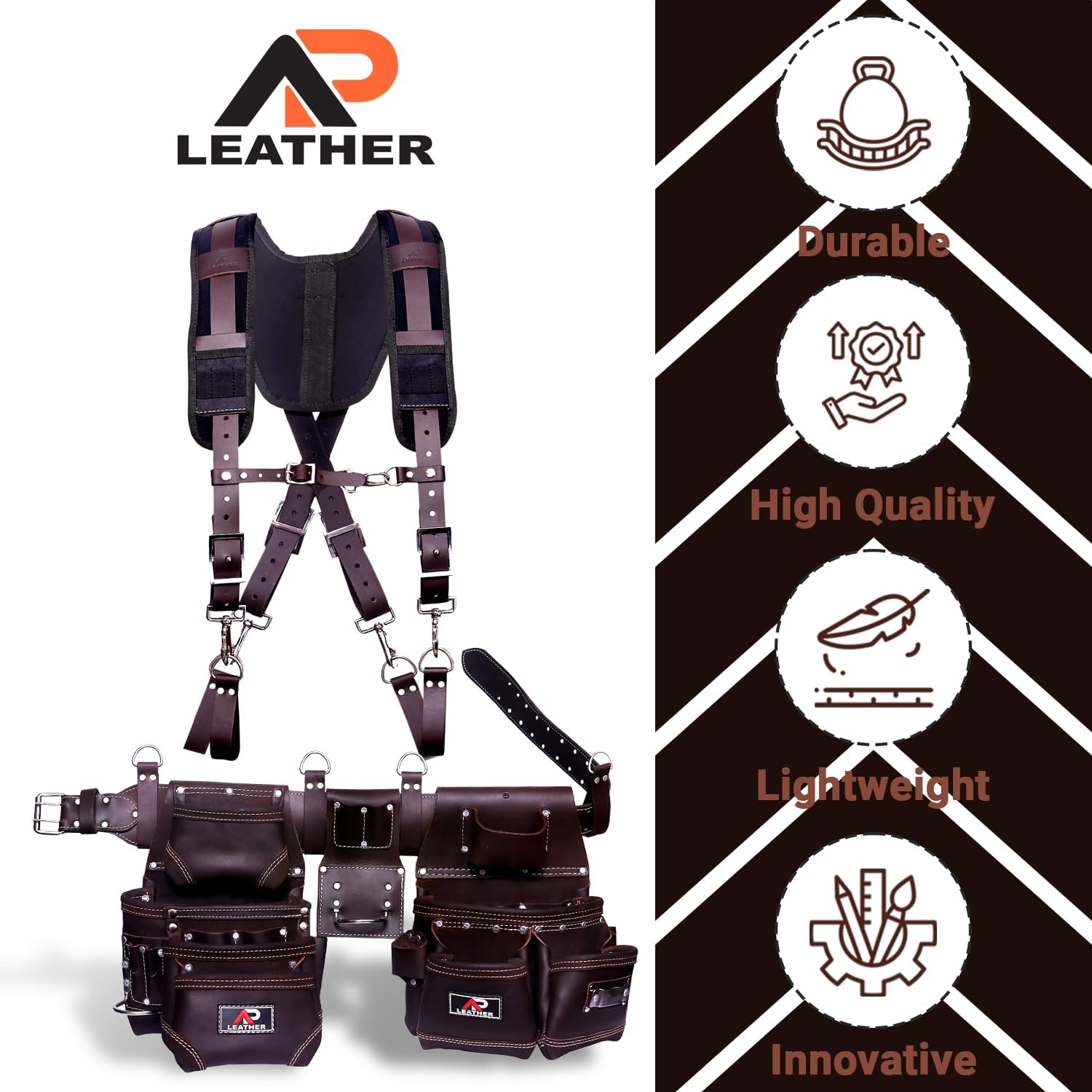 Tool Belt for Men – 4MM Full-Grain Geniune Leather | Brass Hardware | Foam-Padded Comfort Tool Pouch | 28-Pocket Carpenter & Framing Rig with Suspender Support | Waist Size 32' – 52'