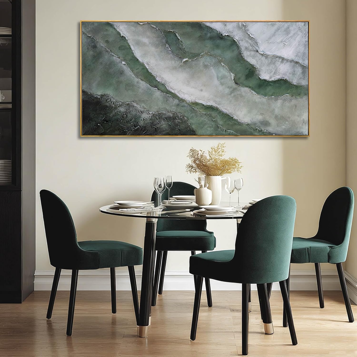 Green and White Textured Landscape Wall Art 24x48 Inch, Large Framed Canvas Artwork with Wood Frame, Abstract Nature Wall Decor for Living Room or Entryway