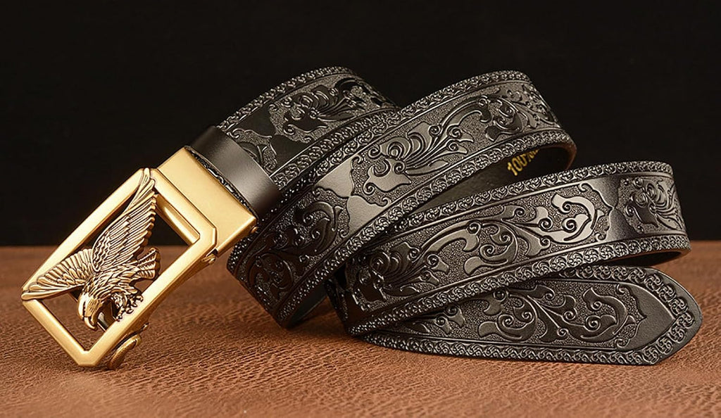 Mens Ratchet Leather Belt, Genuine Leather belts, Engraved Vintage Dragon Eagle Tiger Buckle, Business leisure belt