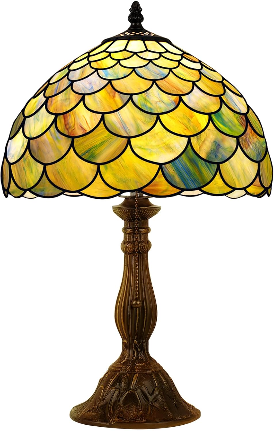 MOAN Lamp Stained Glass Table Lamp 12X12X19 Inch Bedside Reading Light Antique Bronze Base(Green Fish Scale Style)