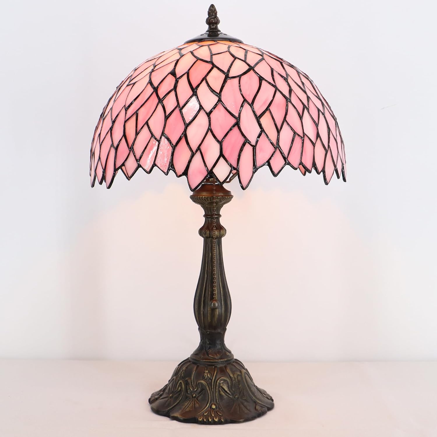 Tiffany Lamp Stained Glass Table Lamp Bedside Reading Light W12H19 Inches (Pink Wisteria)