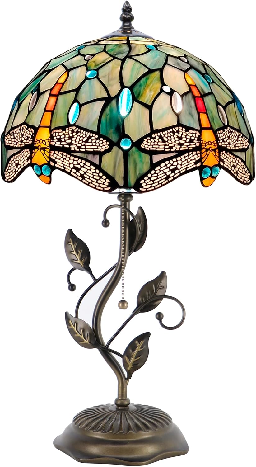 Tiffany Table Lamp, Stained Glass Style Desk Lamp, 12X12X19 Inch,Bedside Reading Light, Metal Leaf Base (Brown Dragonfly Style)