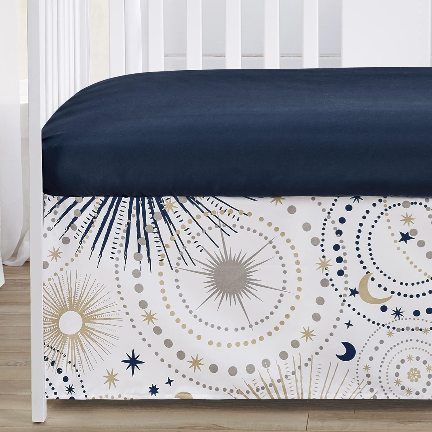 Sweet Jojo Designs 4-Piece Baby Crib Bedding Set (Star and Moon) for Boys or Girls, Infants/Nursery incl. Blanket, Fitted Sheet, Skirt, Diaper Stacker (Navy Blue, Grey, Celestial, Sky, Stars, Neutral)