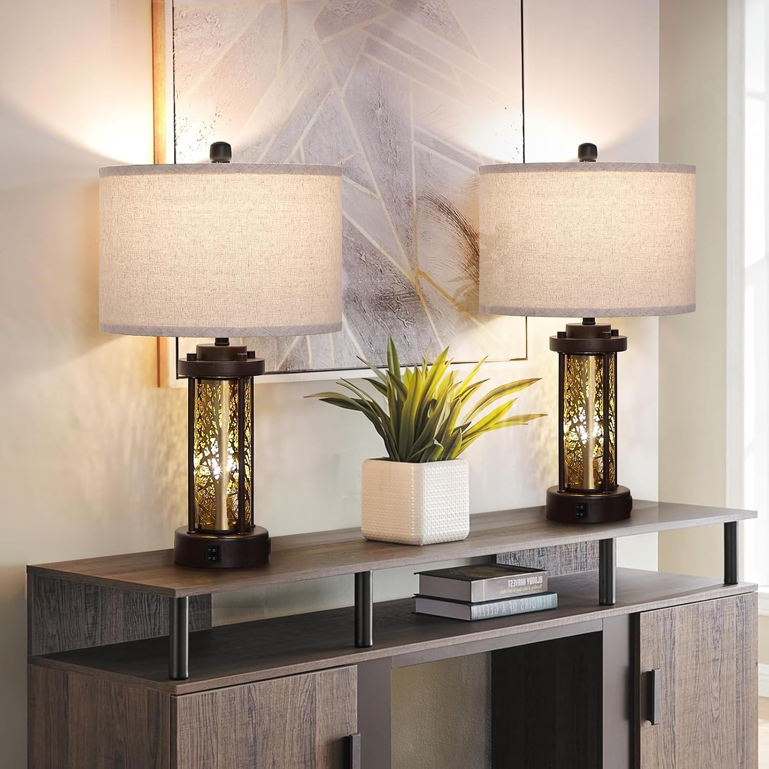 Set of 2 Gold and Bronze Farmhouse Table Lamp,Vintage Bedside Lamp,Rustic Desk Lamp for Bedroom/Living Room/Entryway/Patio/Dining Table,with 2 USB Charging Ports,Bulbs Included,UL Listed