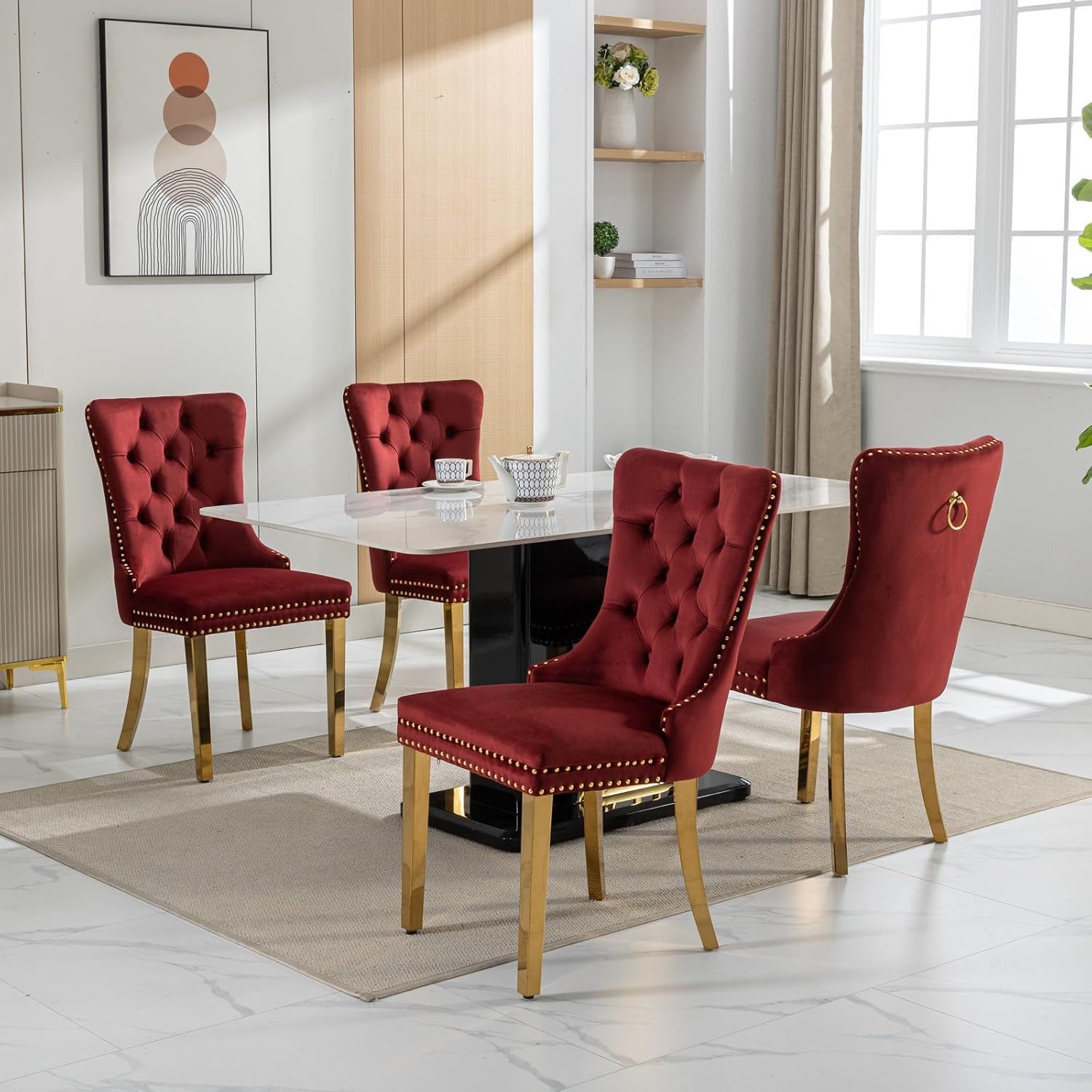 2 Piece Contemporary Velvet Upholstered Dining Chair with Chrome Stainless Steel Plating Legs, Nail Head Decro, Armless Tufted Dining Chair Fabric Dining Room Chair (Dark Red, Set of 2)