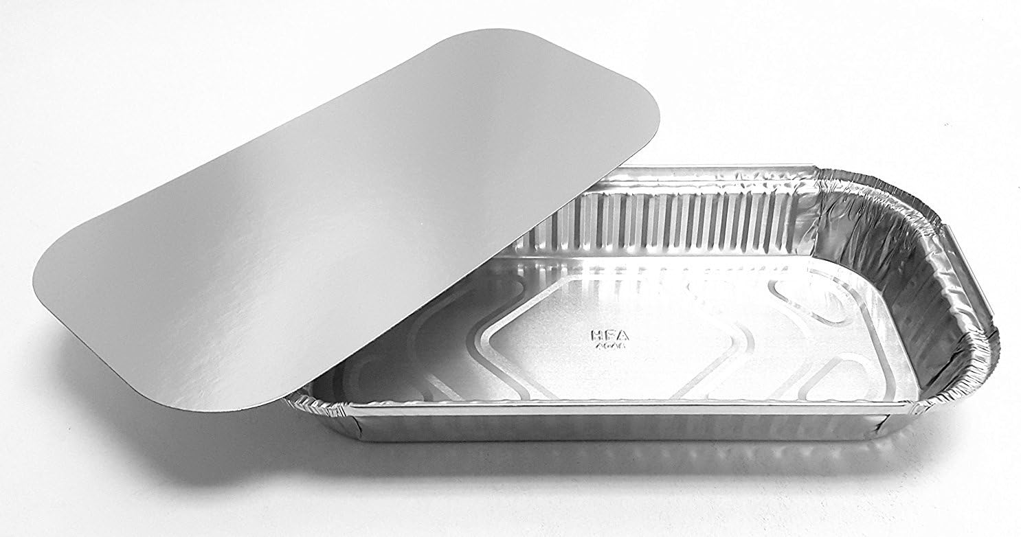PACTOGO 3 lb. Oblong Aluminum Foil Entrée Take-Out Pan with Board Lid Disposable Containers 12.37' x 6.57' x 1.43' (Pack of 100 Sets)