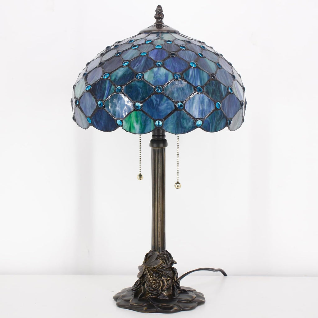Tiffany Table Lamp Stained Glass Desk Lamp 12X12X21Inch Resin Base for Bedroom Living Room Reading Light (Sea Blue Pearl)
