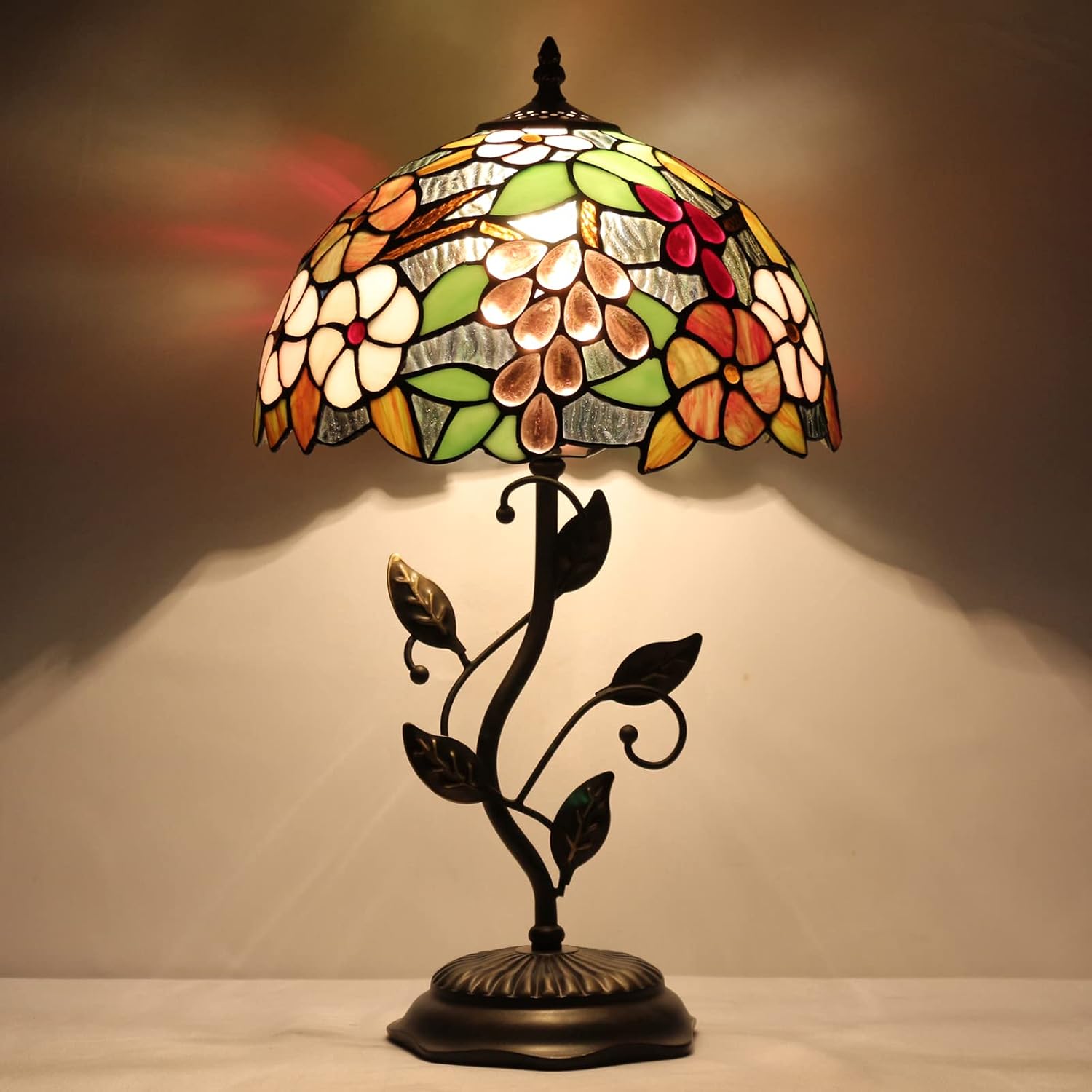 Tiffany Lamp Purple Grape Style Stained Glass Table Lamp Desk Bedside Reading Light 12X12X19 Inches with Metal Leaf Base Decor Bedroom Living Room