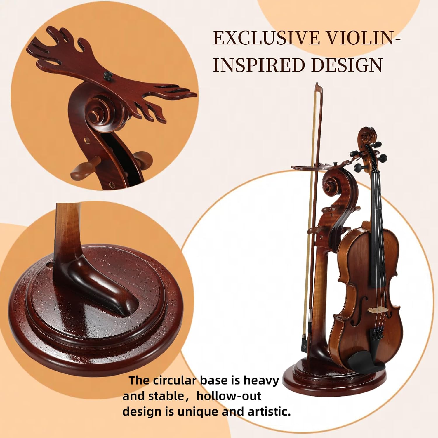 Solid Wood Violin Stand with Bow Holder - No Assembly Needed, Heavy-Duty 4/4 Size Display, Handcrafted Cut-Out Design for Home/Studio/Stage