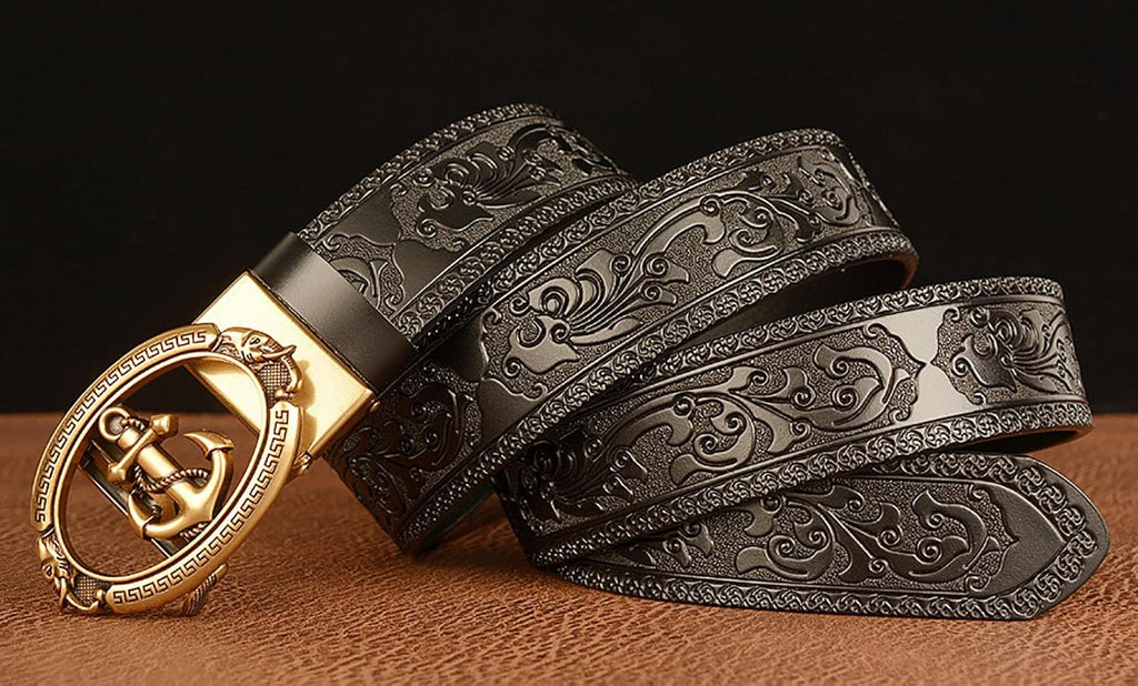 Mens Ratchet Leather Belt, Genuine Leather belts, Engraved Vintage Dragon Eagle Tiger Buckle, Business leisure belt