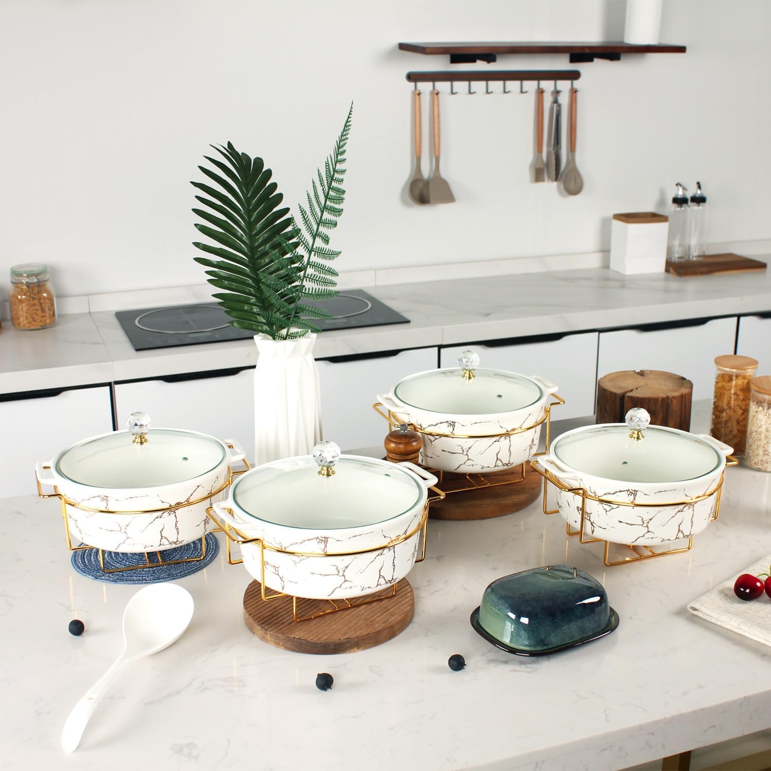 8' Round Ceramic Casserole Dish with Glass Lid and Gold rack Set of 4, 2 qt Serving Soup Tureen, Chafing Dish for Buffet, Family Food preserve Tray, Catering Casserole for Party Style