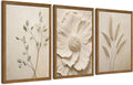 JLTULT 3 Piece Framed Neutral Beige Floral Canvas Wall Art, Modern Simple Texture Blossom Wall Decor, Vintage Botanical Flower Art Prints for Living Room Bedroom Farmhouse 20x30 inch Ready to Hang