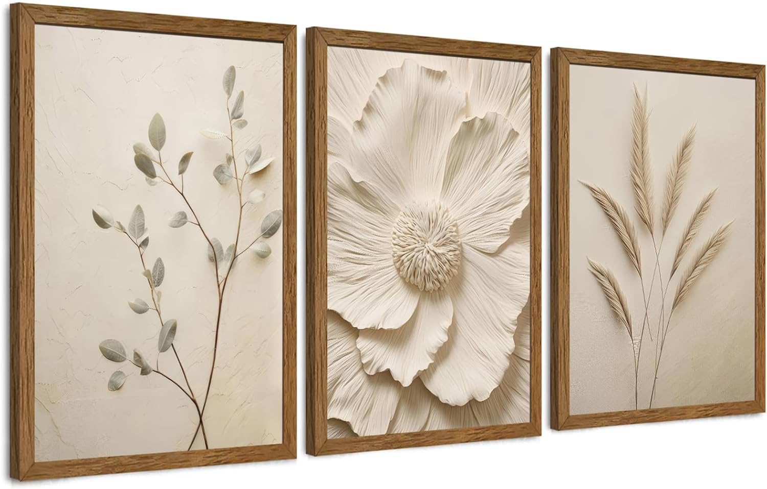 JLTULT 3 Piece Framed Neutral Beige Floral Canvas Wall Art, Modern Simple Texture Blossom Wall Decor, Vintage Botanical Flower Art Prints for Living Room Bedroom Farmhouse 20x30 inch Ready to Hang