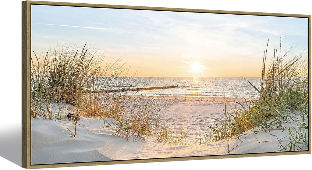 Canvas Framed Wall Art Beach: Ocean Coastal Large Picture Decor Seascape Sunset Scene Painting Sea Seaside Landscape Print Modern Seashore Grass Dunes Artwork for Bedroom Living Room