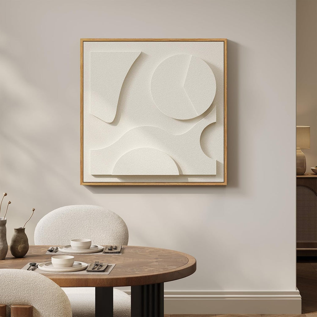 Large 3D Textured Framed White Abstract Wall Art, Square Modern Paintings Artwork for Walls, Minimalist White Geometric Block Pictures for Living Room Bedroom Office Hallway Wall Decor 30x30 In