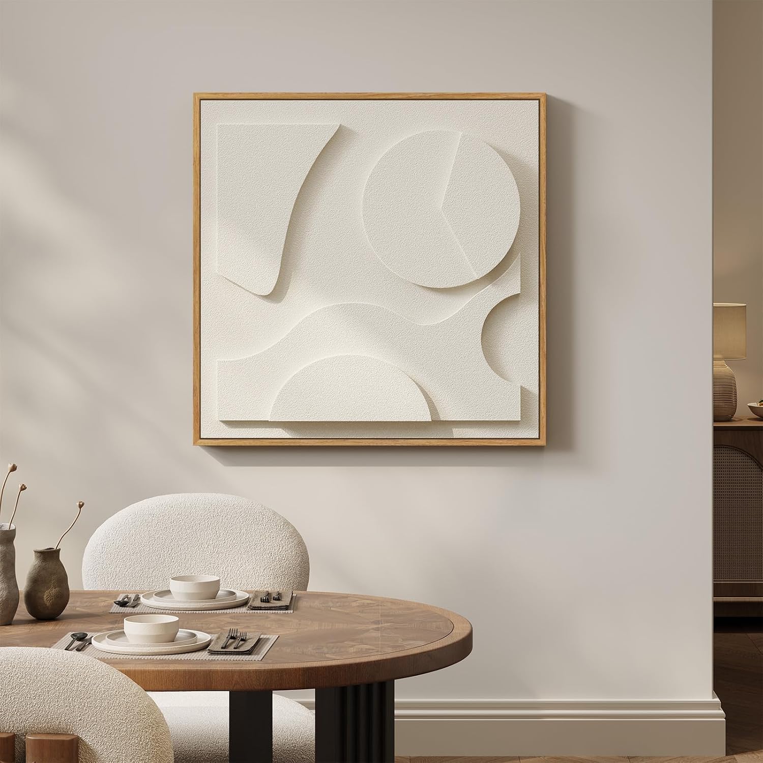 Large 3D Textured Framed White Abstract Wall Art, Square Modern Paintings Artwork for Walls, Minimalist White Geometric Block Pictures for Living Room Bedroom Office Hallway Wall Decor 30x30 In