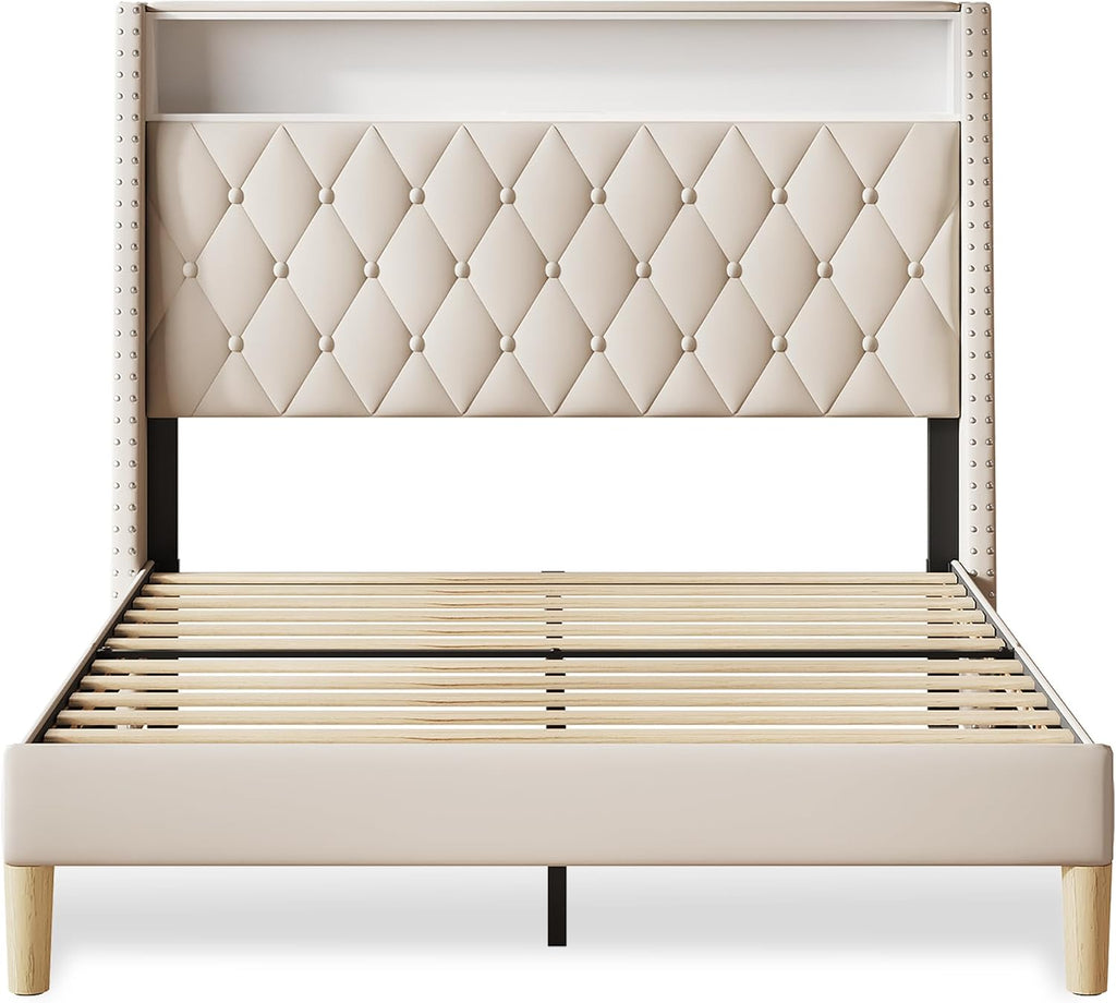 WLIVE Full Size Upholstered Bed Frame with 48'' Tall Wingback Headboard, Velvet Square Tufted Platform Beds with Charging Station, Sturdy Metal & Wooden Slats Support, Beige