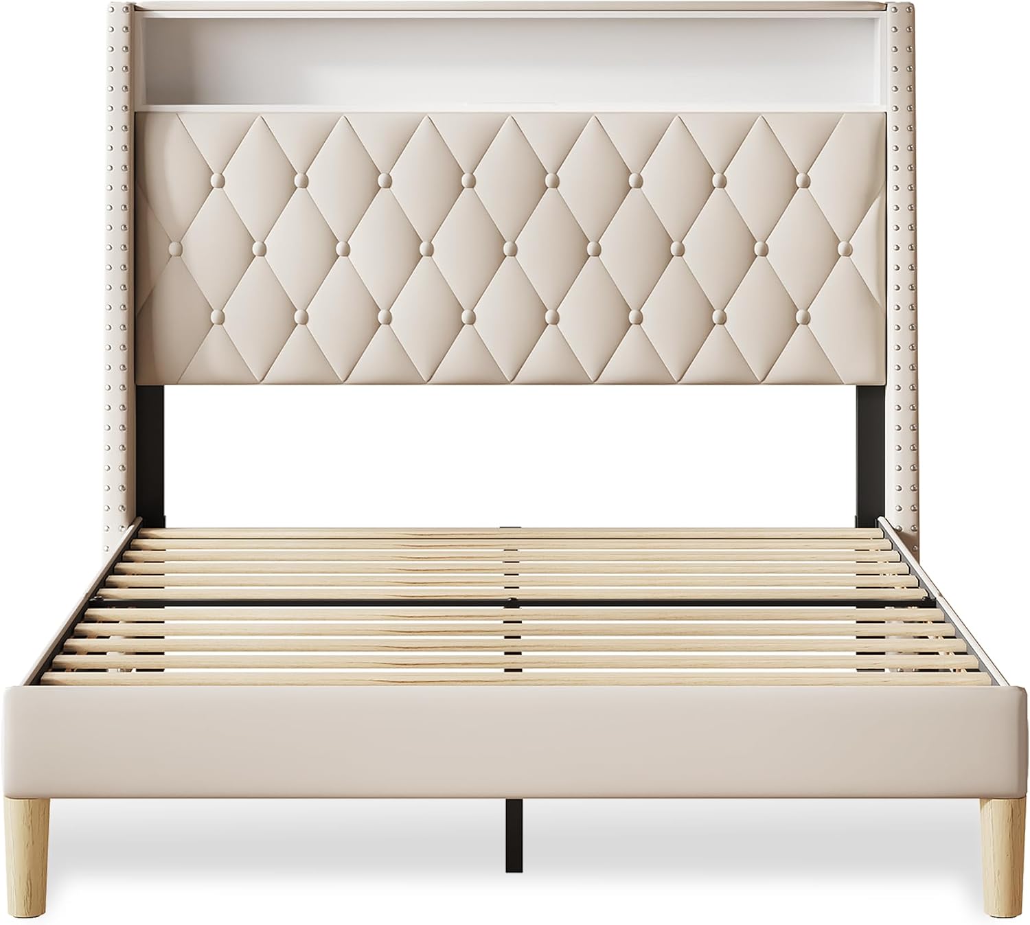 WLIVE Full Size Upholstered Bed Frame with 48'' Tall Wingback Headboard, Velvet Square Tufted Platform Beds with Charging Station, Sturdy Metal & Wooden Slats Support, Beige
