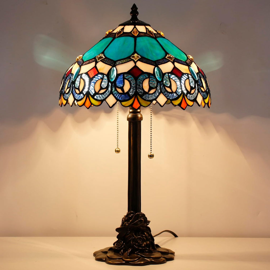 Table Lamp Stained Glass Desk Lamp 12X12X21Inch Resin Base for Bedroom Living Room Reading Light (Blue Jewelry Baroque)