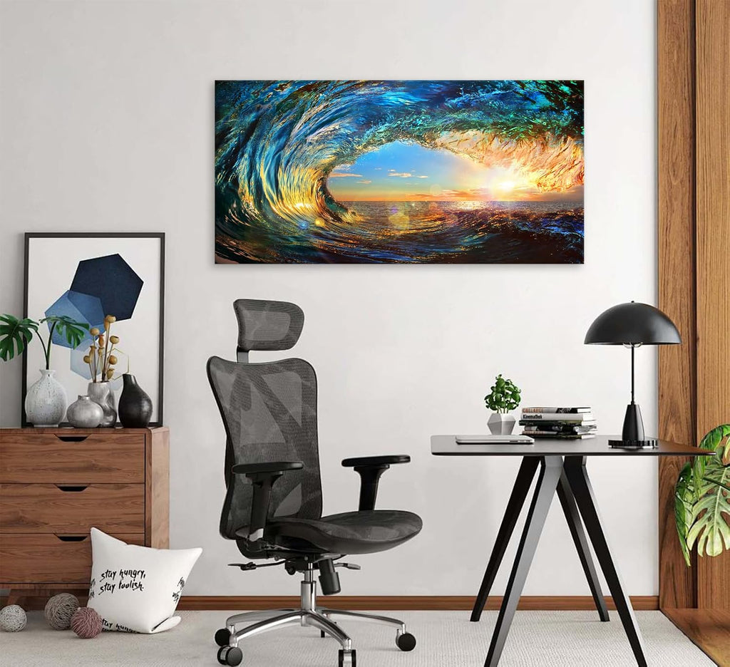 Cao Gen Decor Art S06798 Giant Wave Water Wall Art Canvas Prints 1 Panels Ocean Waves Pictures Paintings with Sunset Blue Seascape Framed for Living Room Bedroom Kicthen Office Artwork