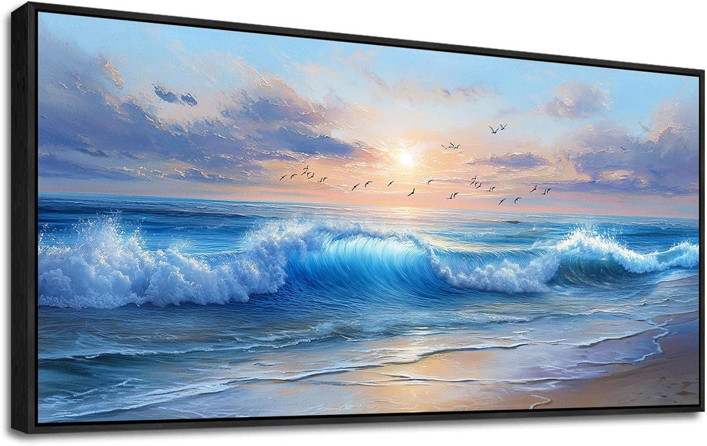 XIGUANGART Ocean Canvas Wall Art, Blue Sea Wave and Large Coastal Beach Paintings Sunset Seascape Pictures Framed Artwork Wall Decor for Living Room Bedroom Bathroom Kitchen Hallway Home Office
