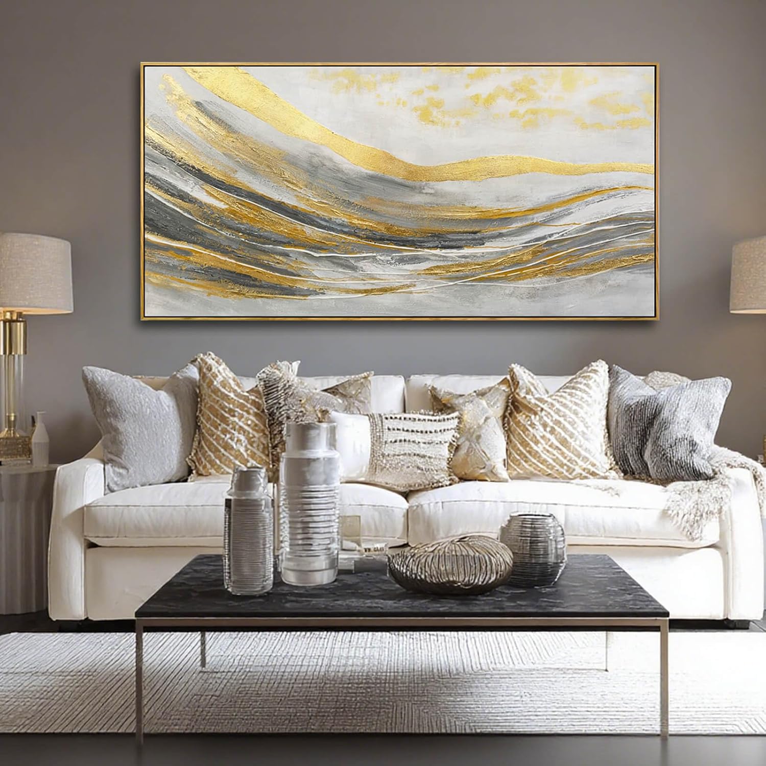 Artexist Abstract Wall Decor Modern Canvas Poster Gold Foil Wood Wall Art 24'x48' Pictures for Bedroom Wall Posters for Dining Room Area