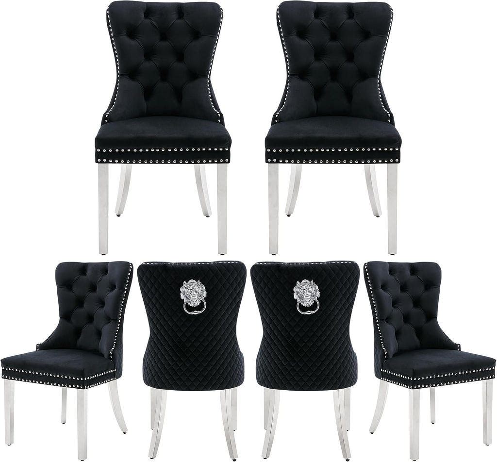 Velvet Dining Chairs Set of 6, Upholstered Dining Room Chairs, Mid-Century Modern Chairs with Diamond Lattice Tufted Back, Lion Pull Ring Rivet Trim, Silver Metal Legs for Kitchen, Black