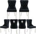 Velvet Dining Chairs Set of 6, Upholstered Dining Room Chairs, Mid-Century Modern Chairs with Diamond Lattice Tufted Back, Lion Pull Ring Rivet Trim, Silver Metal Legs for Kitchen, Black