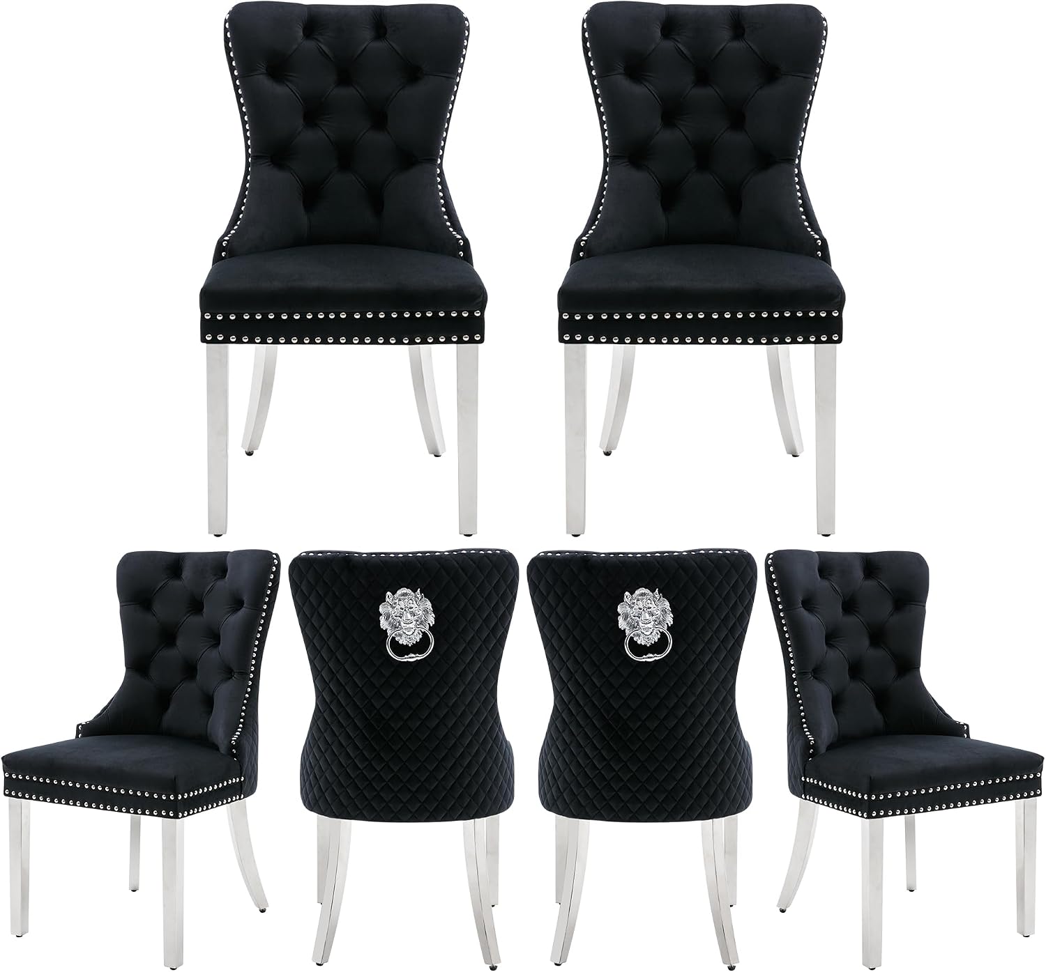 Velvet Dining Chairs Set of 6, Upholstered Dining Room Chairs, Mid-Century Modern Chairs with Diamond Lattice Tufted Back, Lion Pull Ring Rivet Trim, Silver Metal Legs for Kitchen, Black