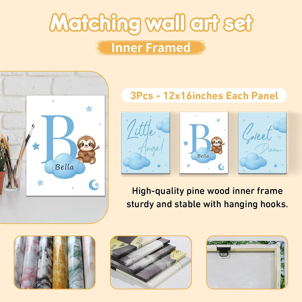 Terwex Personalized Baby Bedding Set, 5 Pcs Custom Baby Crib Sets with Name, Toddler Bedding Set for Baby Girls Boys, Blue Sloth Double Layer Nursery Bedding Set, Customized Gifts for Infants Kids