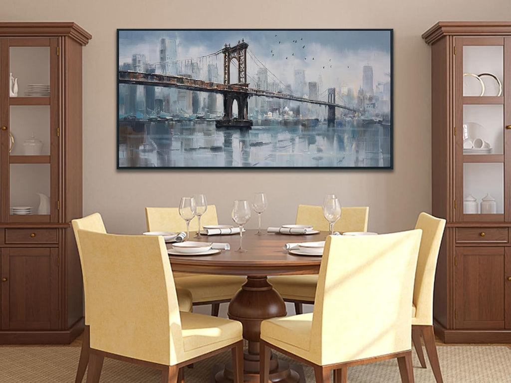 Enartly Framed NYC Brooklyn Bridge Wall Art for Lving Room, Large Skyline New York City Canvas Painting Modern Bridge Grey Picture for Bedroom Hallway Home Office Wall Decor, Black Framed 58'x29'