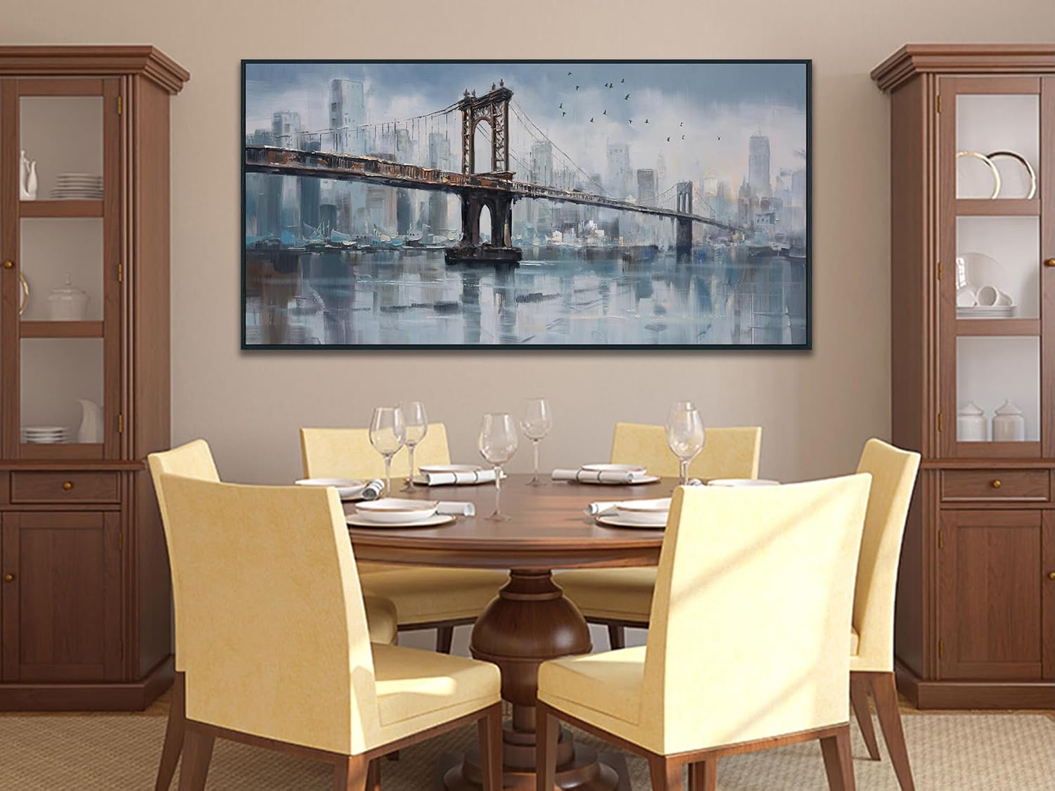 Enartly Framed NYC Brooklyn Bridge Wall Art for Lving Room, Large Skyline New York City Canvas Painting Modern Bridge Grey Picture for Bedroom Hallway Home Office Wall Decor, Black Framed 58'x29'