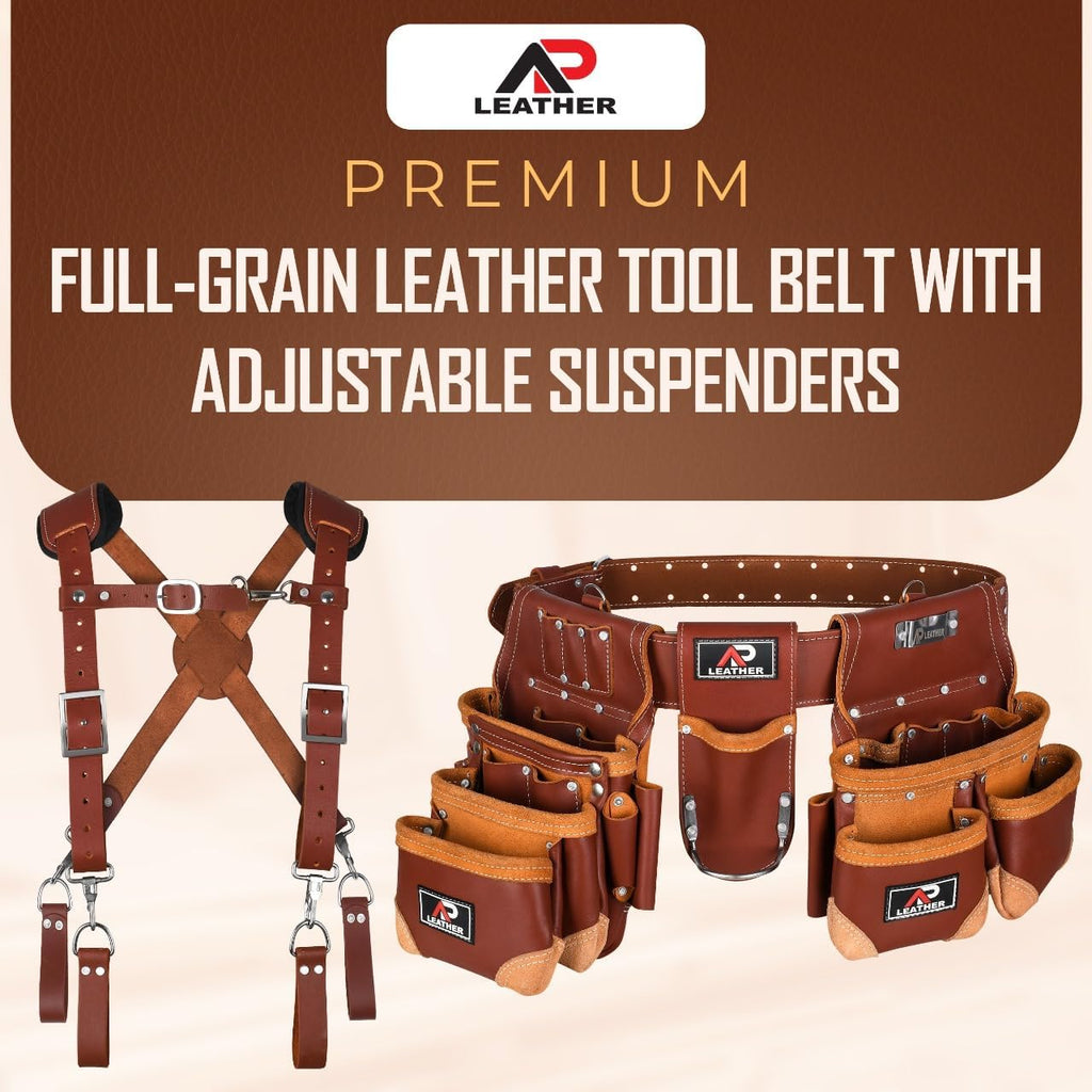 AP-LEATHER PRO-19 4MM Genuine Full Grain Leather Tool Belt for Men, tool belt with suspenders, Comfort Back Padded Support with Brass Hardware Tool Pouches With Suspenders (28 Pocket Tool Belt)
