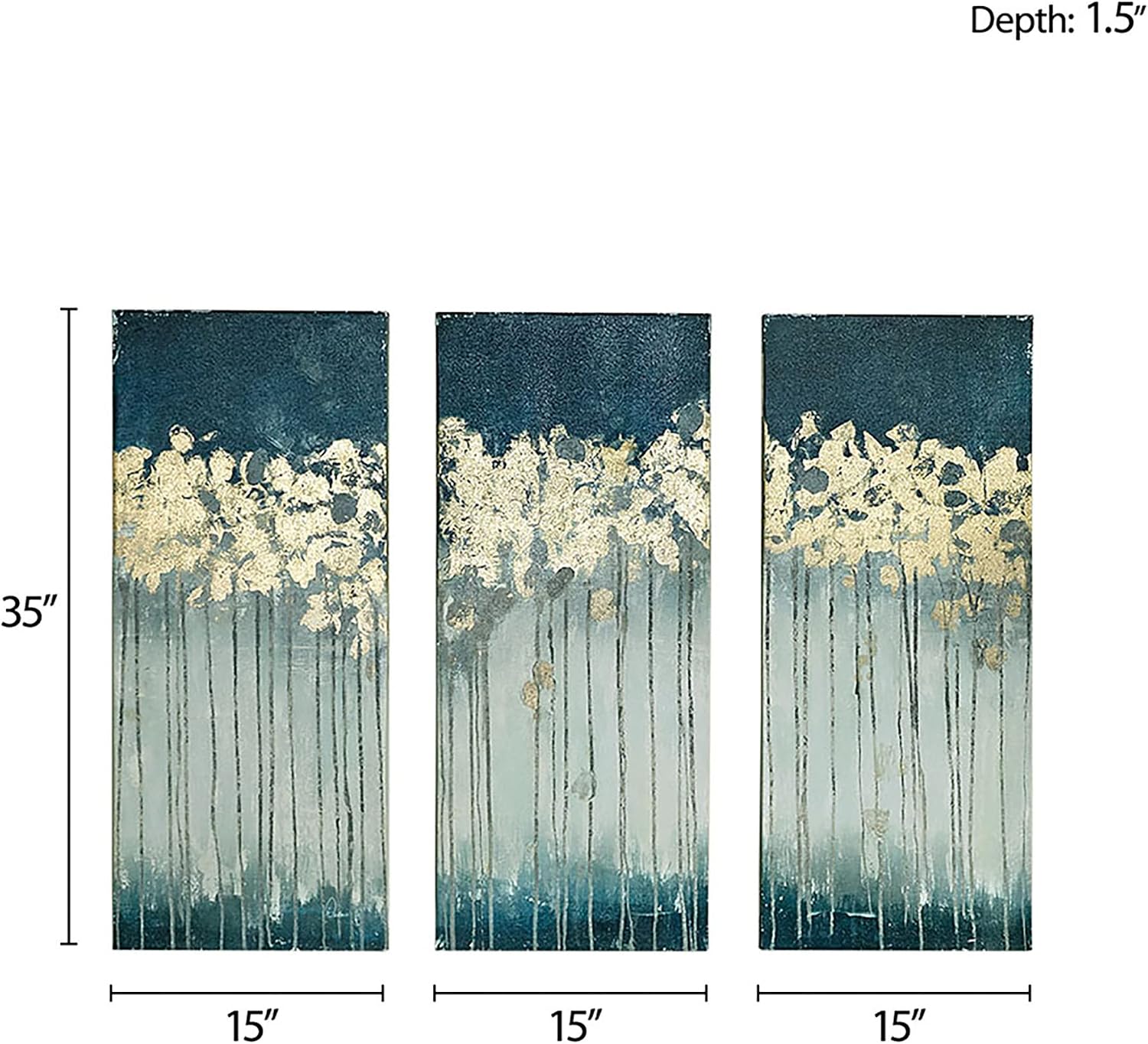 Madison Park Wall Art Living Room Decor - Embelished Gold Foil Triptych Canvas Home Accent Dining, Bathroom Decoration, Ready to Hang Painting for Bedroom, 15' x 35', Midnight Forest Blue 3 Piece