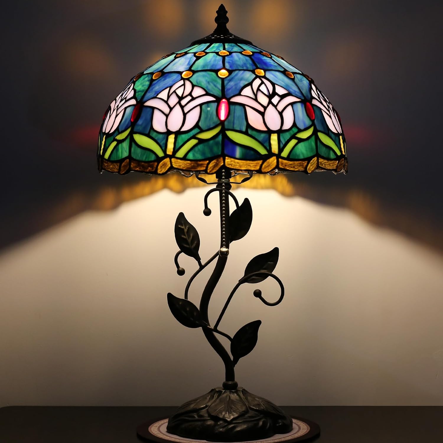Tiffany Lamp Stained Glass Style Table Lamp Pink Tulips Style Bedside Desk Reading Light W12H19 Inch Metal Leaf Base with Metal Leaf Base