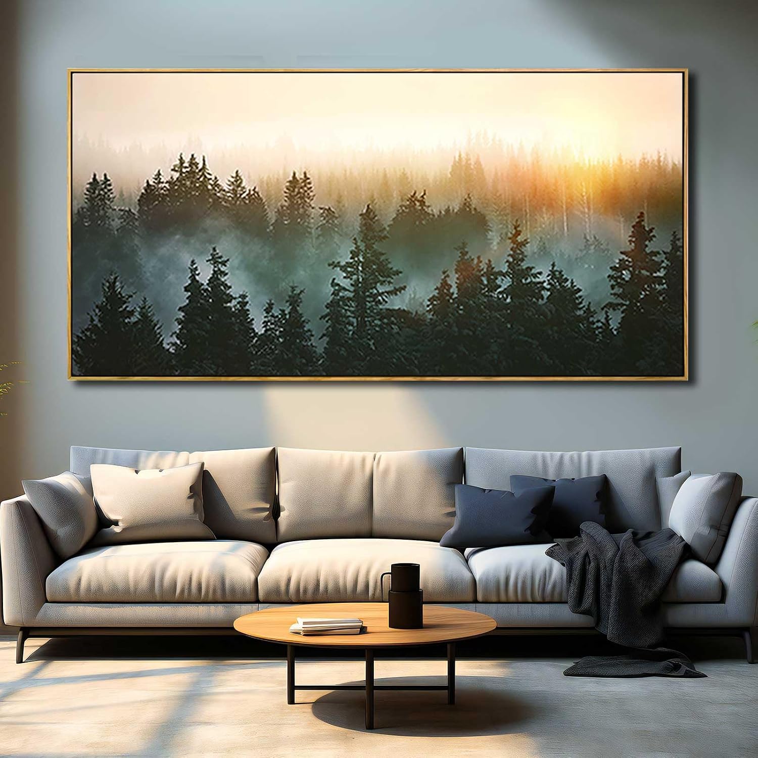 YJYart Large Foggy Forest Canvas Wall Art Landscape Mountain Painting 30x60 Inch Framed Wall Art for Bedroom Living Room Kitchen Office