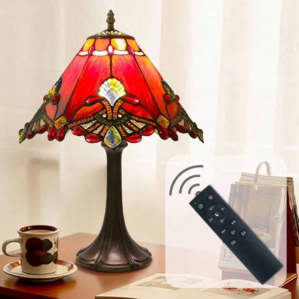 Tiffany Style Table Lamp, Small Stained Glass Lamp for Bedside, Bedroom, Nightstand, Living Room, 12 Inch Mini Vintage Light Included E26 Bulbs with Remote Control (Red Umbrella)