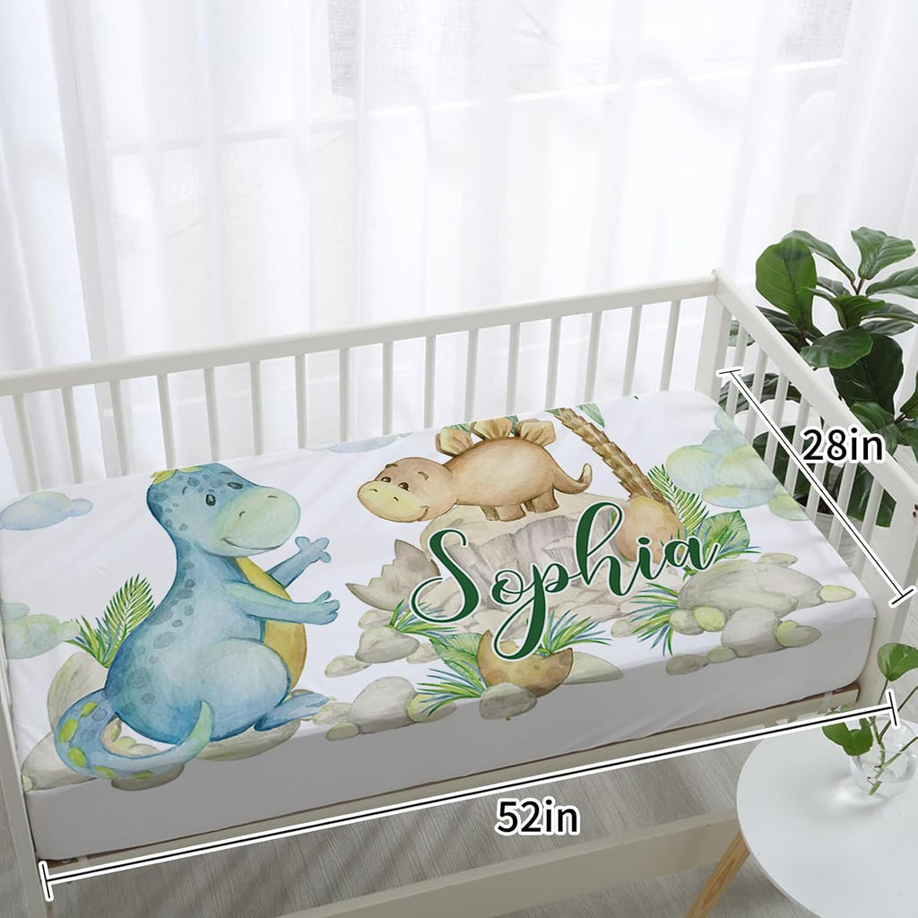 TOOTANN Custom Baby Crib Bedding Set, 5 Pcs Personalized Name Baby Crib Sheets for Kid Toddler Infant, Cartoon Dinosaurs Nursery Bedding Set