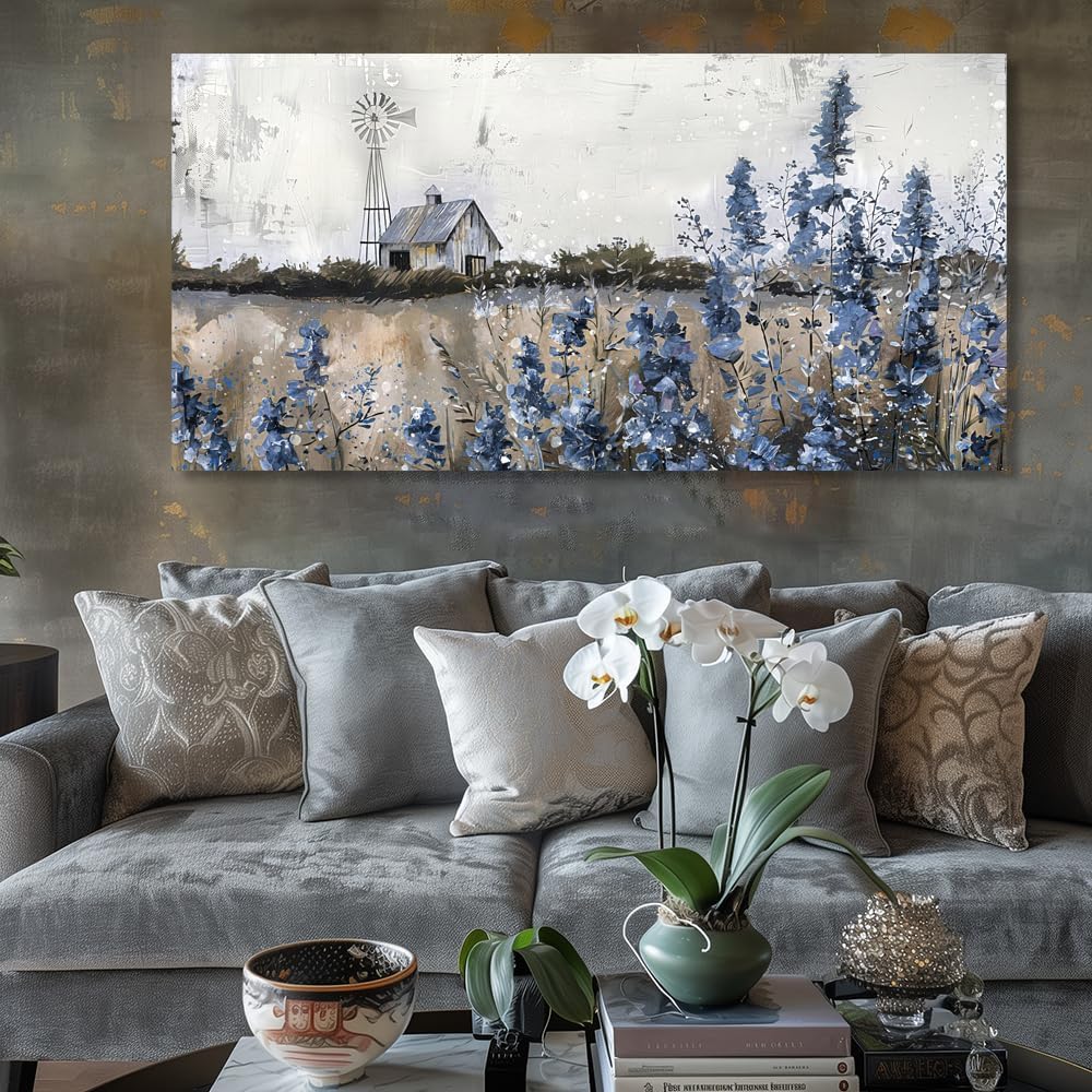 Wall Art Vintage Farmhouse Canvas Print Retro Countryside Flower Field Nature Meadow Landscape Rustic Windmill Barn Picture Framed Artwork for Home Bedroom Living Room Black Purple 58x28in
