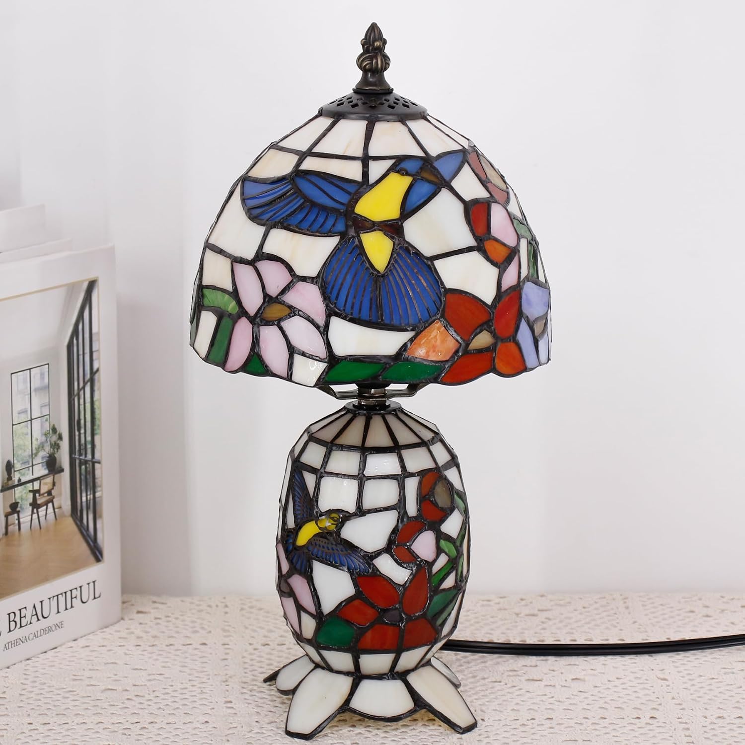 Small Tiffany Lamp Stained Glass Table Lamp Mini Mother Daughter Vase Desk Accent Light for Bedroom Bedside Reading Home Antique Style Decor 8X14 Inches (Hummingbird)