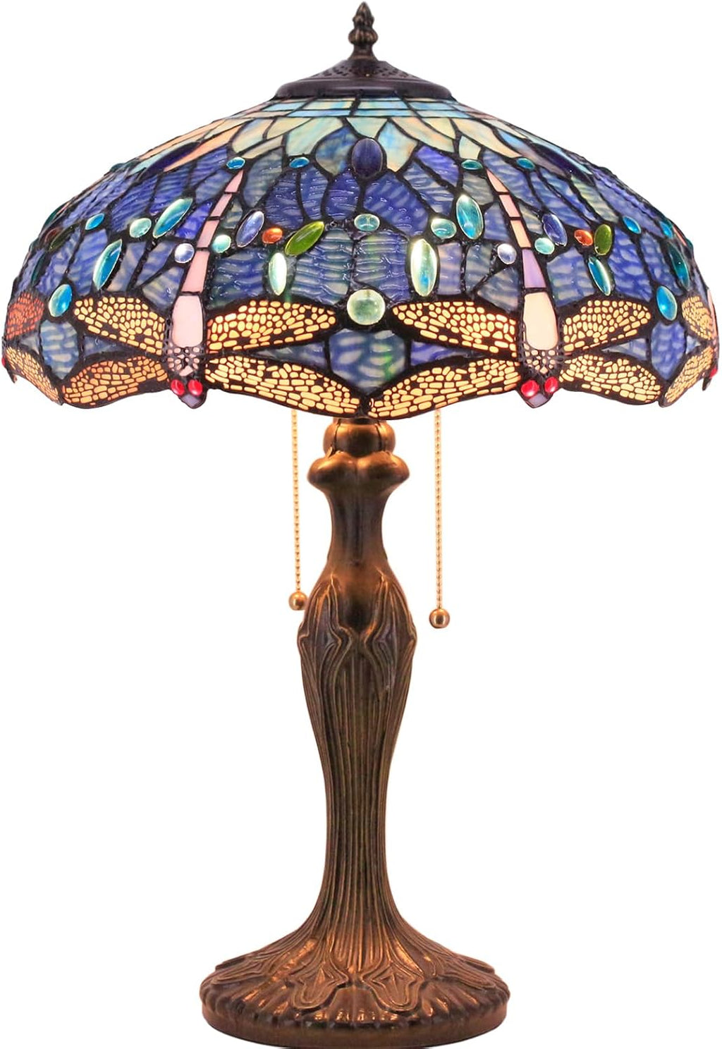 WERFACTORY Tiffany Lamp Blue Stained Glass Dragonfly Style Bedside Table Lamp 16X16X24 Inch Desk Reading Light Metal Base Decor Bedroom Living Room Home Office S631 Series